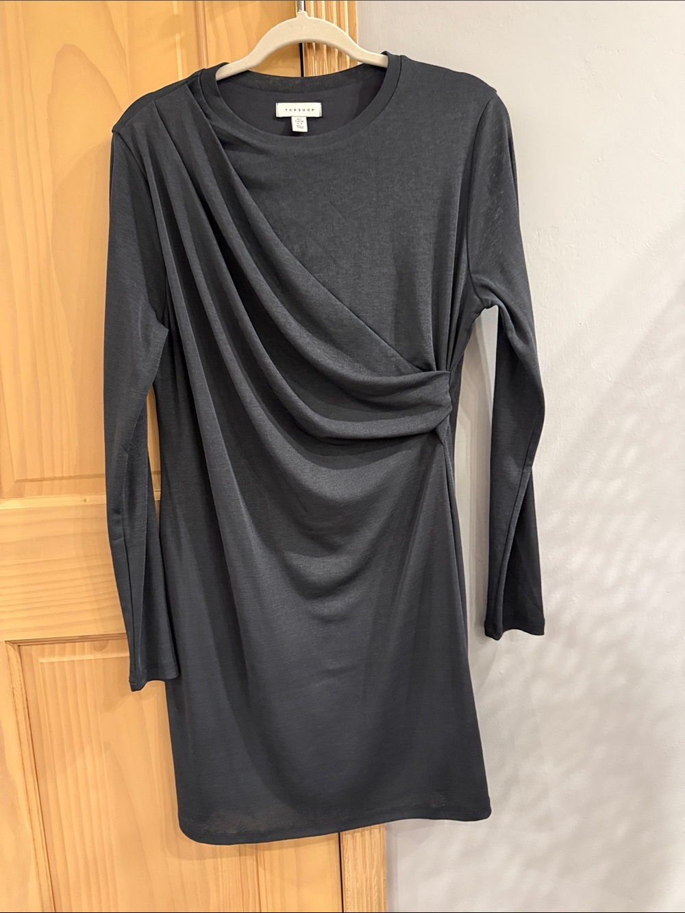 Topshop Charcoal Gray Ruched Long Sleeve Mini Dress Size US 12
